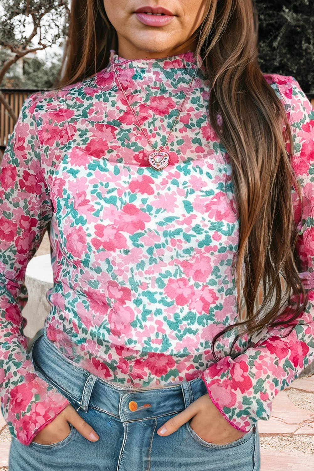 Floral Print Mesh Mock Neck Sheer Slim Fit Blouse (S-4X)