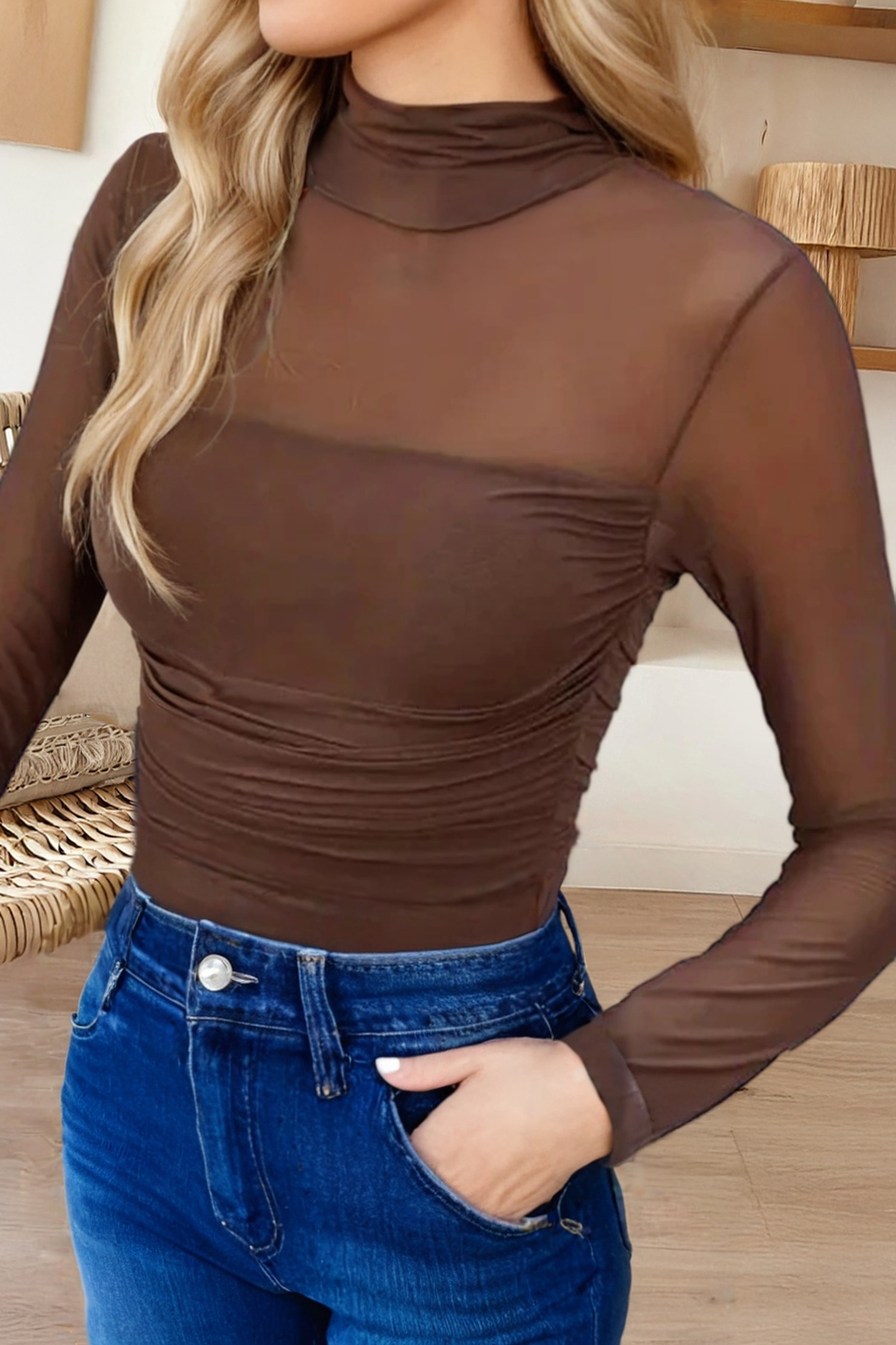 Sheer Mesh Patchwork High Neck Long Sleeve Top (S-4X)