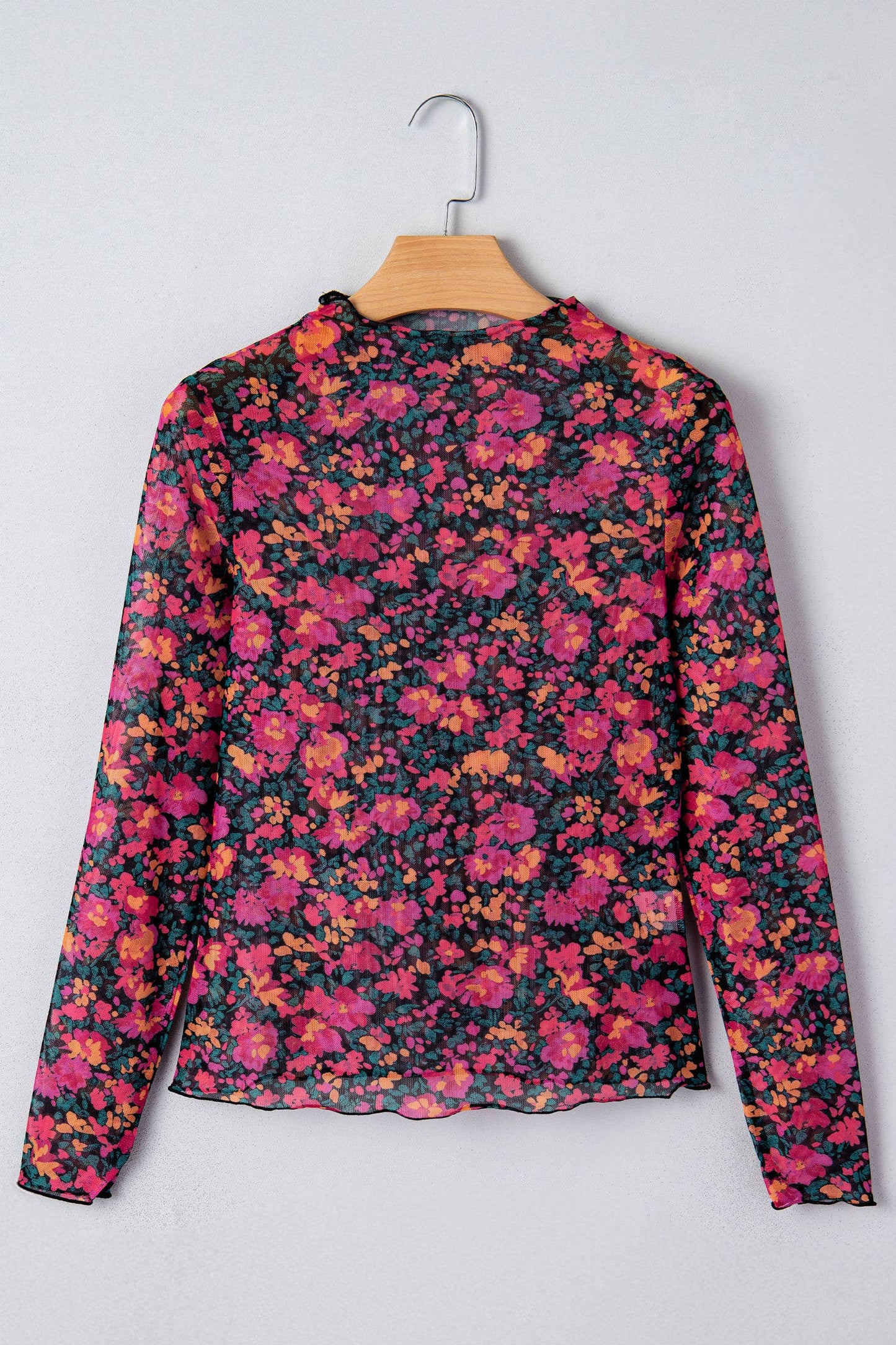 Floral Print Mesh Mock Neck Sheer Slim Fit Blouse (S-4X)
