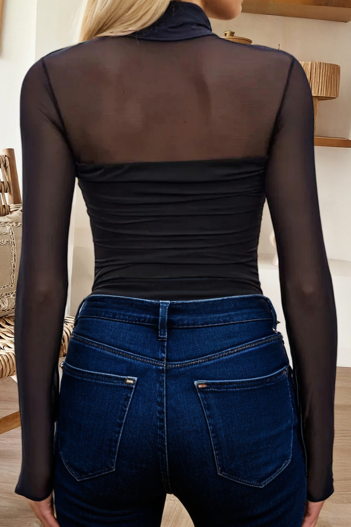 Sheer Mesh Patchwork High Neck Long Sleeve Top (S-4X)