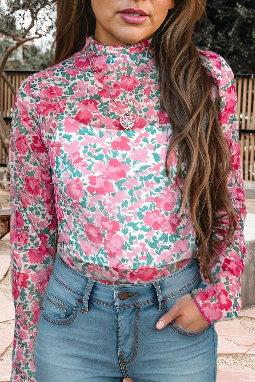 Floral Print Mesh Mock Neck Sheer Slim Fit Blouse (S-4X)