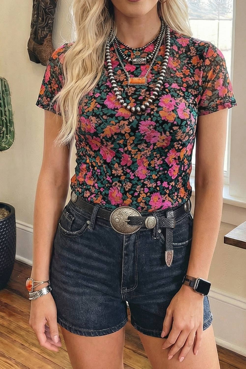 Floral Print Mesh Mock Neck Sheer Slim Fit Blouse (S-4X)