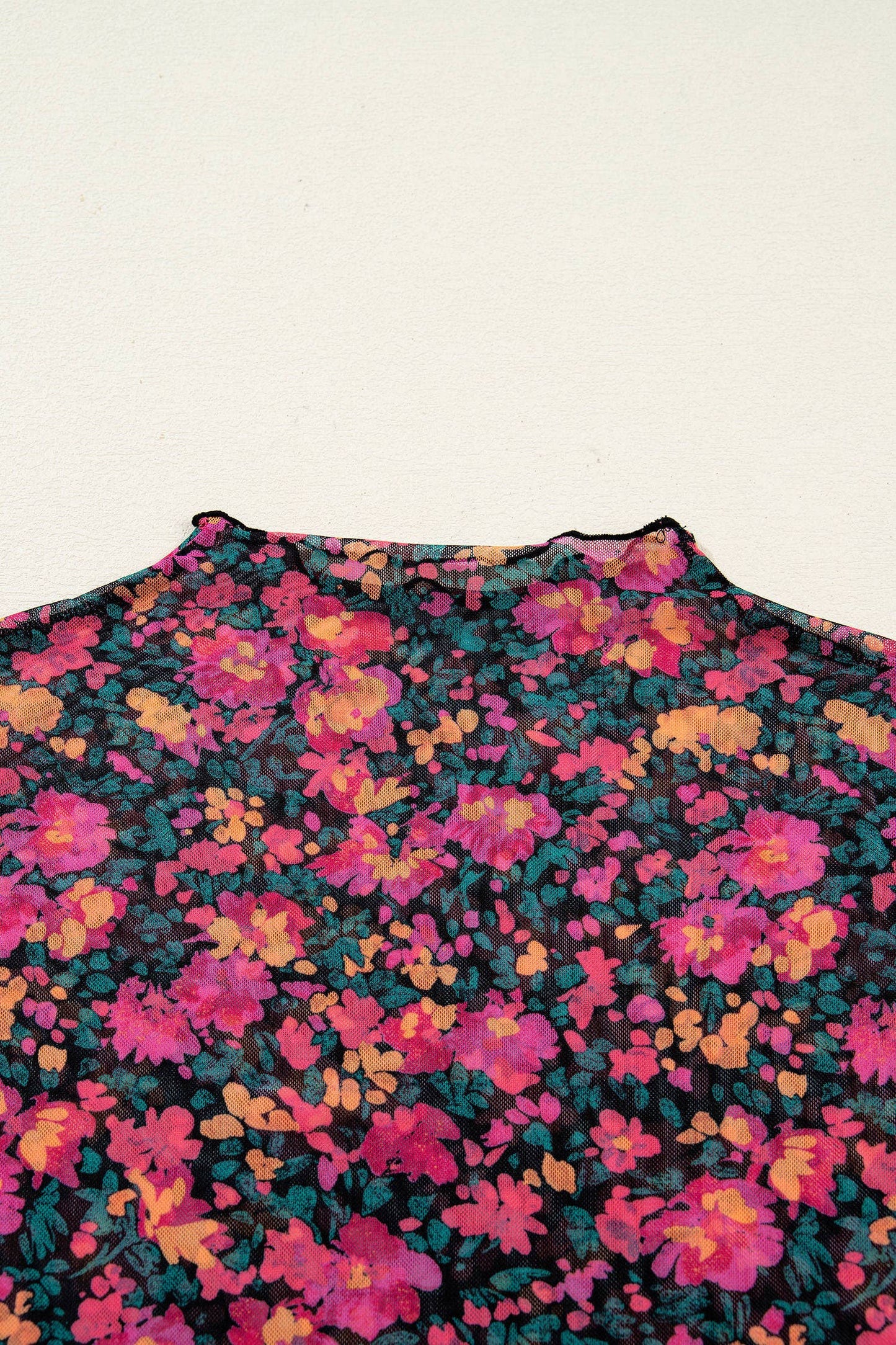 Floral Print Mesh Mock Neck Sheer Slim Fit Blouse (S-4X)
