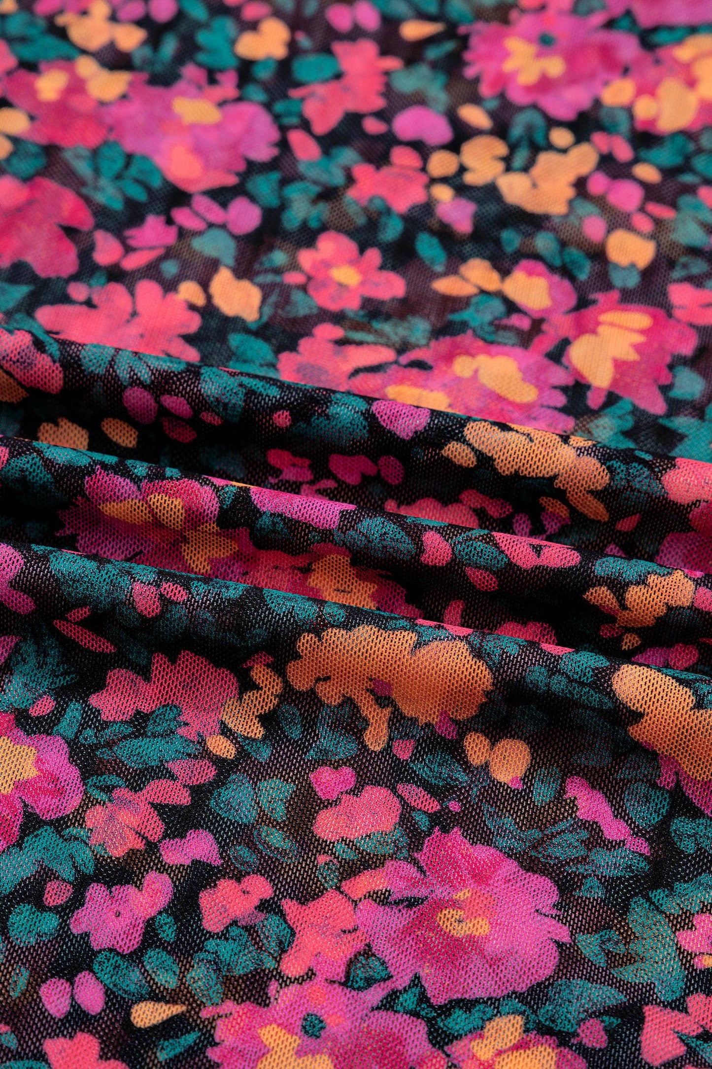 Floral Print Mesh Mock Neck Sheer Slim Fit Blouse (S-4X)