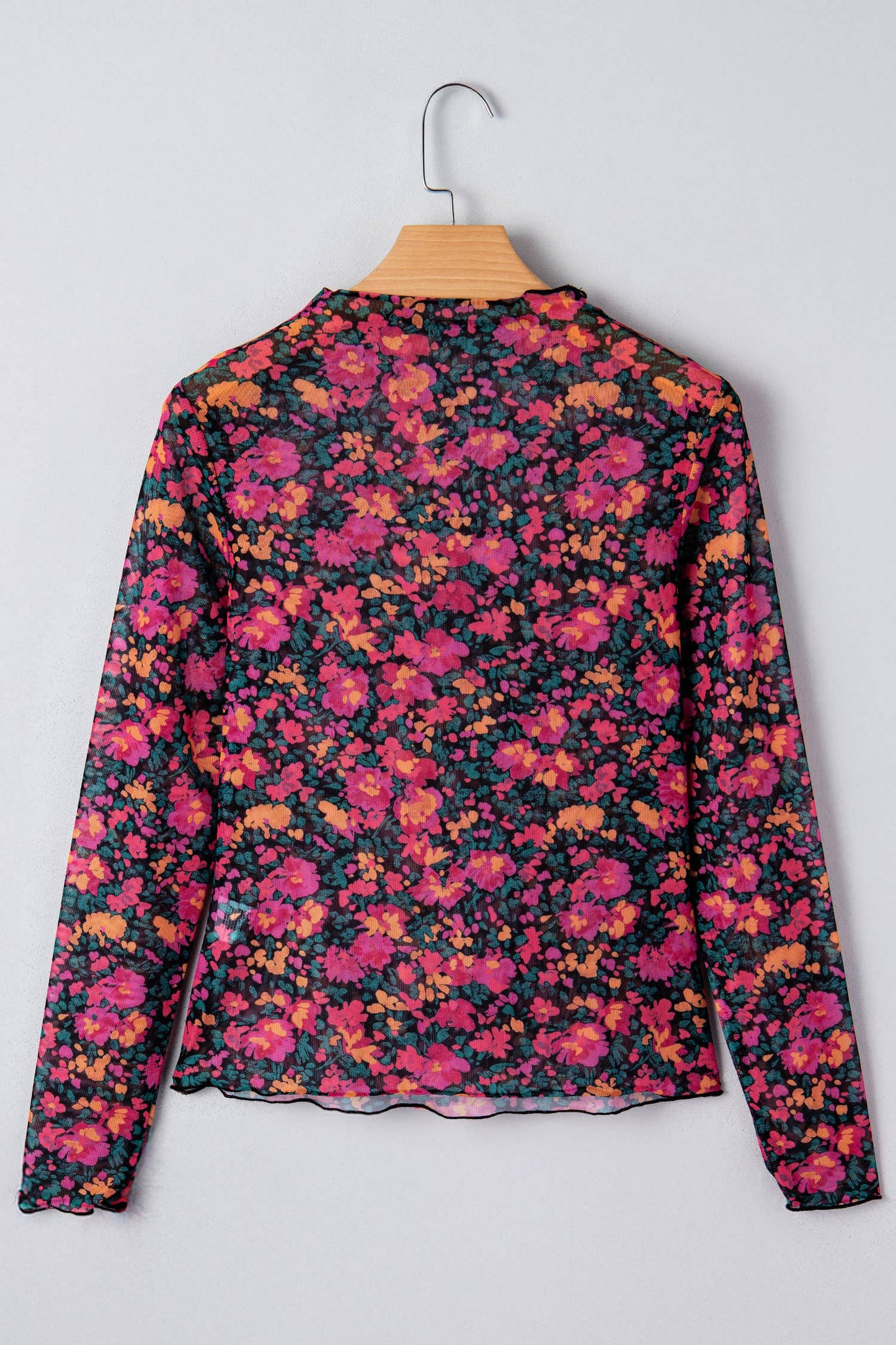 Floral Print Mesh Mock Neck Sheer Slim Fit Blouse (S-4X)