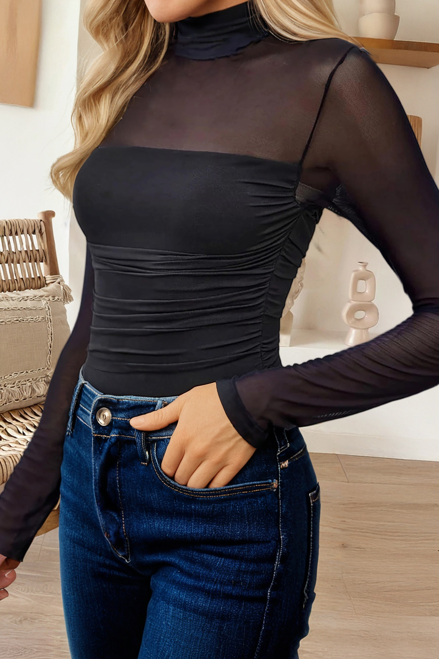 Sheer Mesh Patchwork High Neck Long Sleeve Top (S-4X)