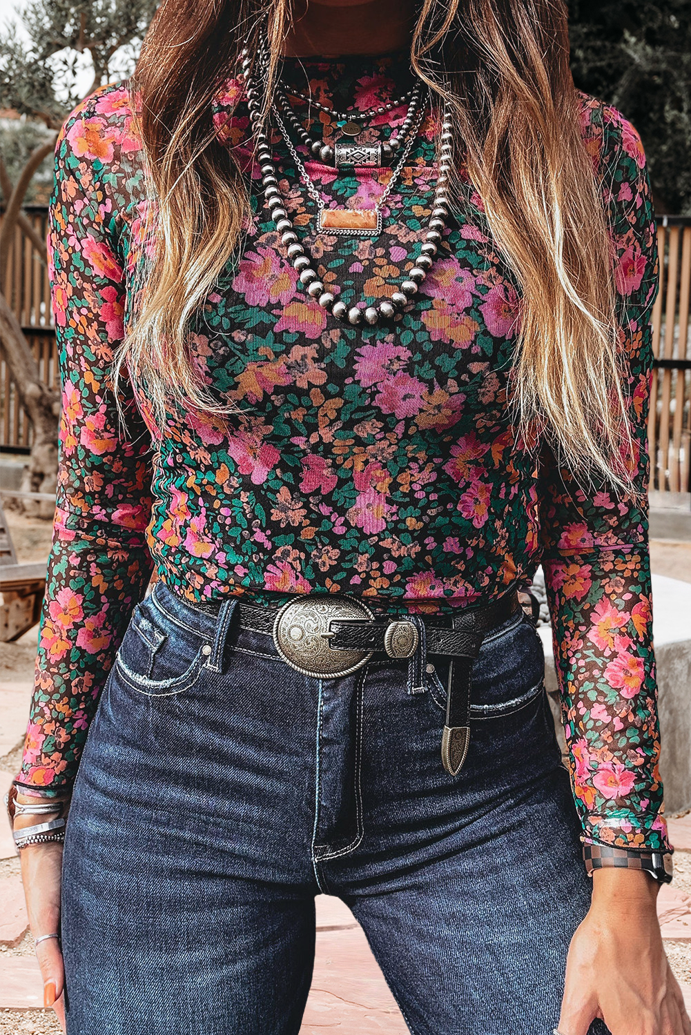 Floral Print Mesh Mock Neck Sheer Slim Fit Blouse (S-4X)